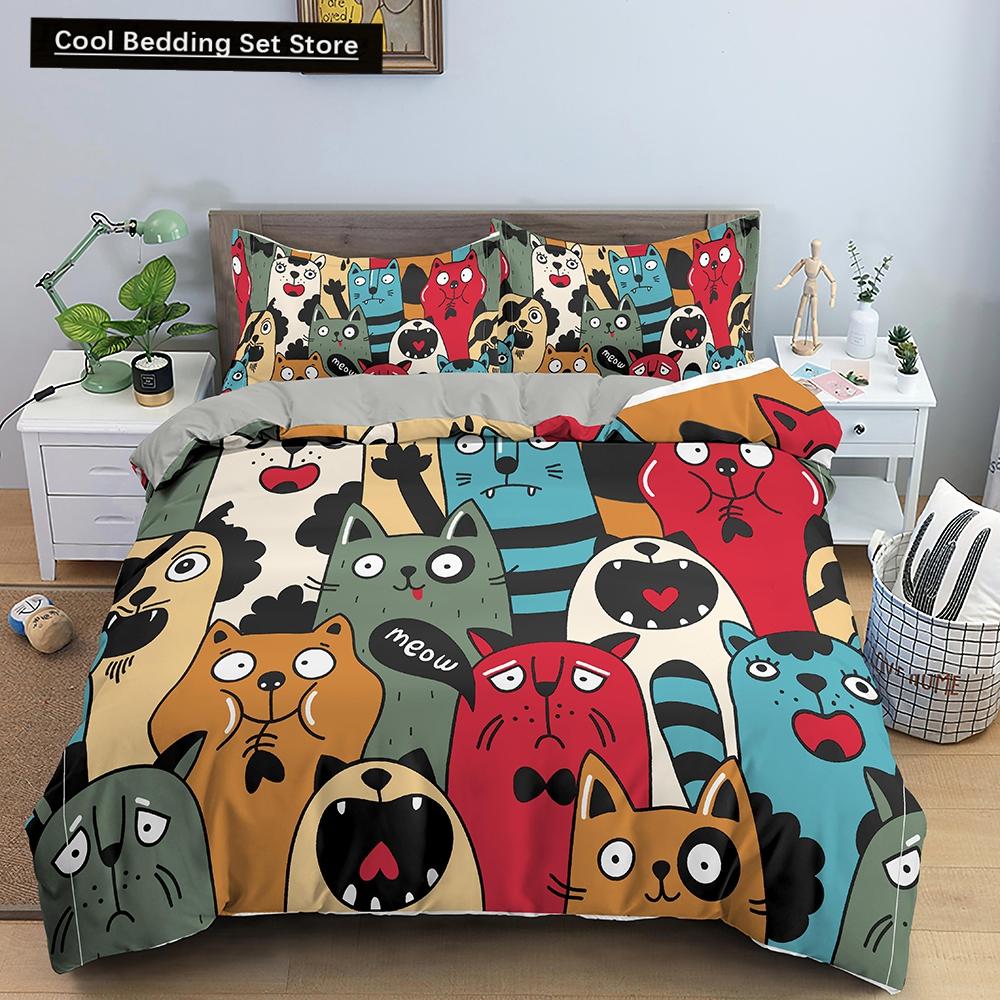 Comforter Cartoon Cat King Queen Colorful Lovely Animal Bedding Set Kids Pet Kitty Soft Polyester Comforter