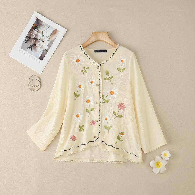 ZANZEA Damska codzienna bluzka z luźnym długim rękawem i kwiatowym haftem