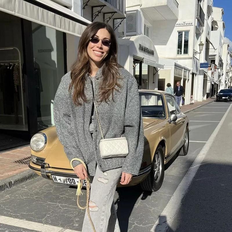 Women Fashion Vintage Pockets Woolen Jacket Autumn Casual Solid Long Sleeve Coat Snap Button Loose Outerwear