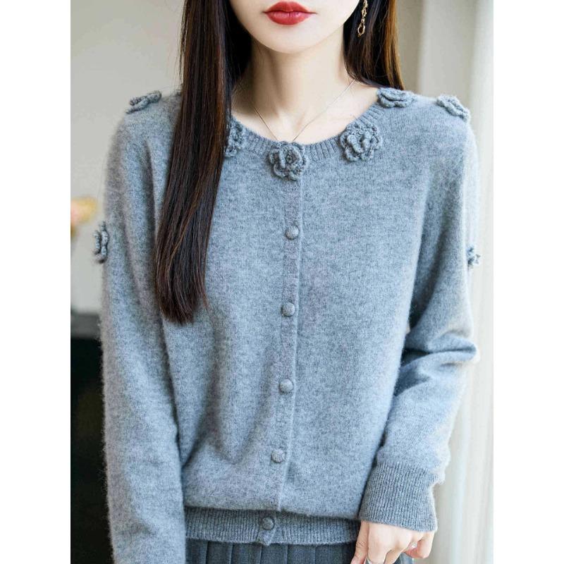 Women S Wool Knit Cardigan Loose Fit Elegant Casual Embroidered Sweater