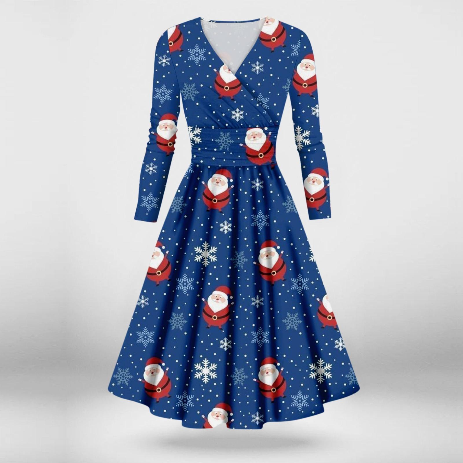 Women s Casual And Fashionable Christmas Printed Long Sleeved V-neck Sexy Dress XL синий