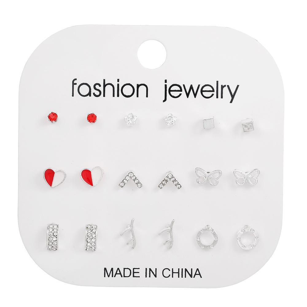 Versatile geometric love stud earrings set, women's high sense 9-piece set, European and American new ins exquisite fashion earrings