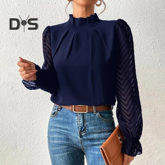 

Женская осень-весна, полувысокий воротник с рюшами и длинным рукавом, сплошной цвет, стиль OL, прозрачная кружевная лоскутная женская блузка с пузырьковыми рукавами S чёрный