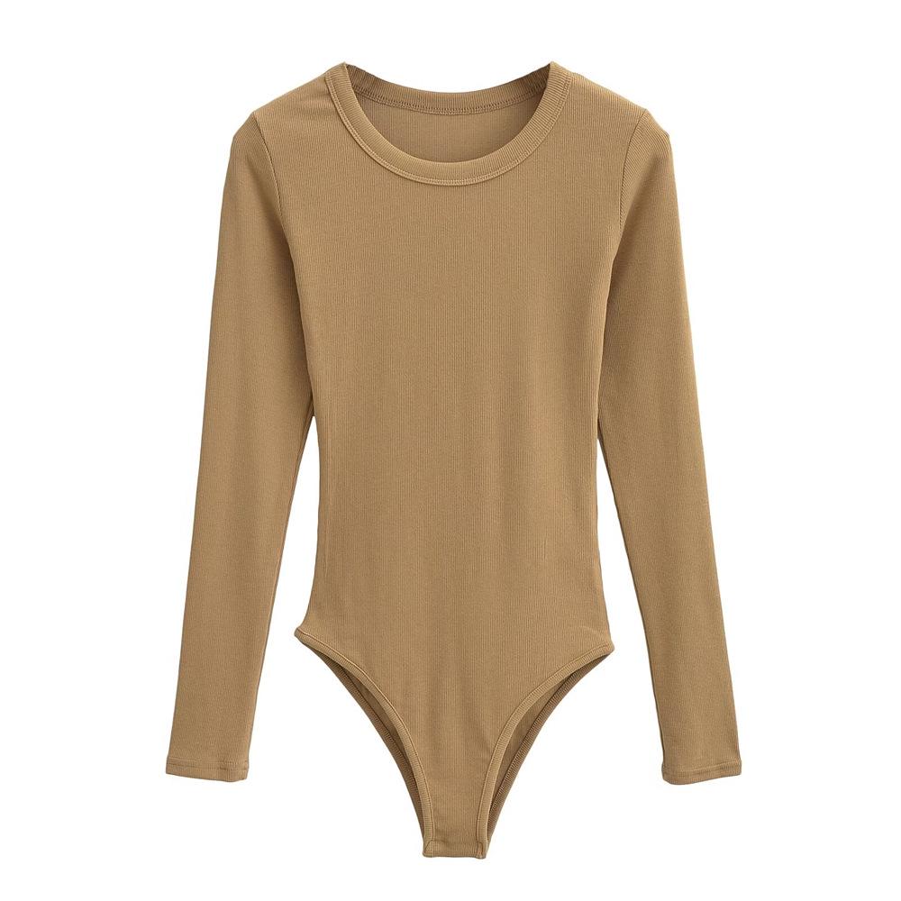 YPFF Trendy Women's Solid Color Slim Fit Round Neck Long Sleeve Bodysuit