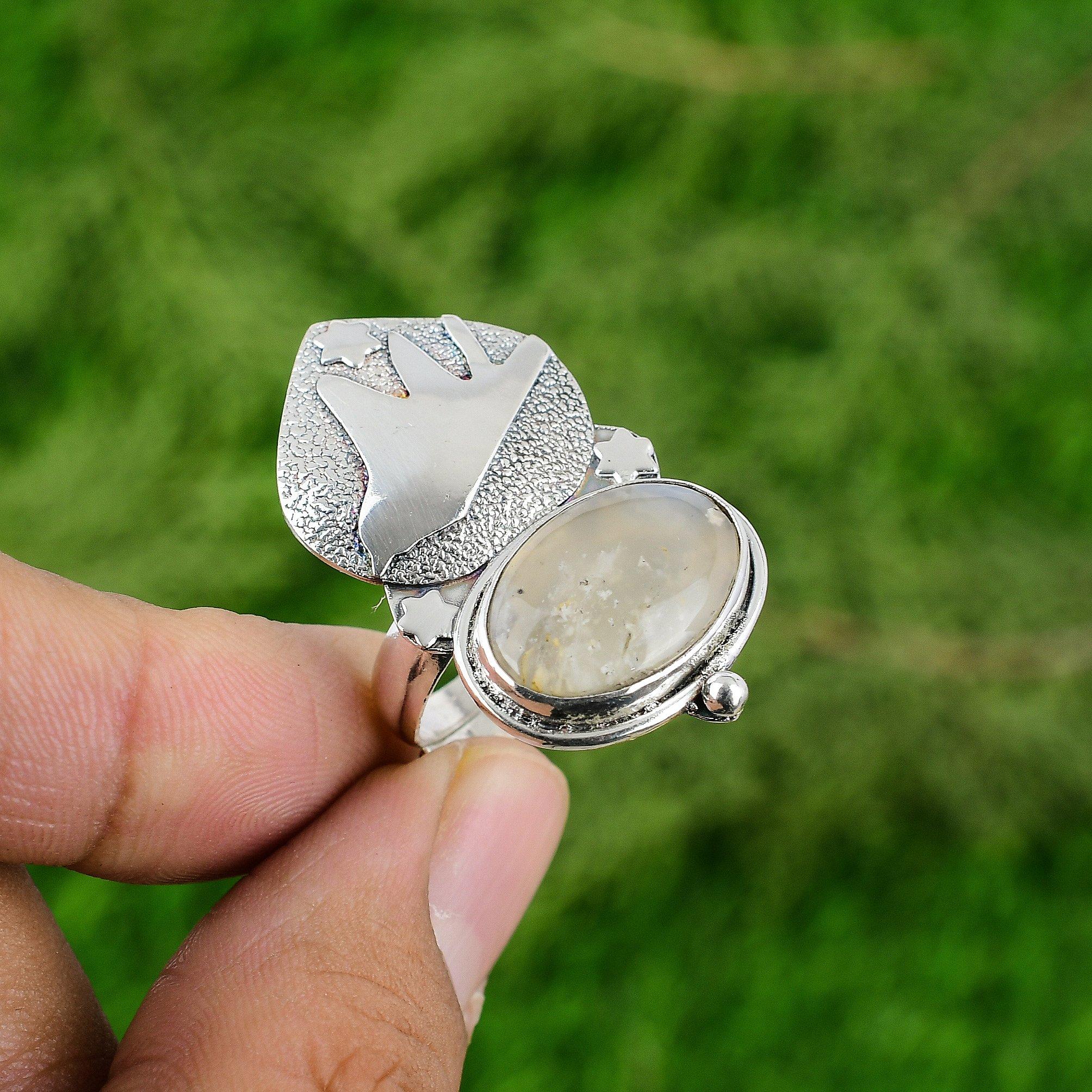 

Gift For Her 925 Silver Natural Plume Agate Gemstone Promise Adjustable Ring Adjustable