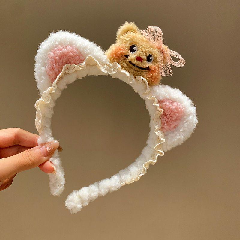 Cartoon Bär Spitzenstirnband mit Schleifenohren - Niedliches Plüsch-Haaraccessoire