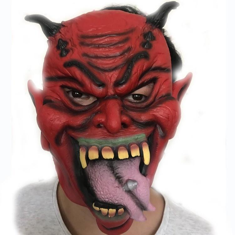 Exquisite Red Horned Mask With Long Tongue And Spikes Ideal For Halloween Celebrations