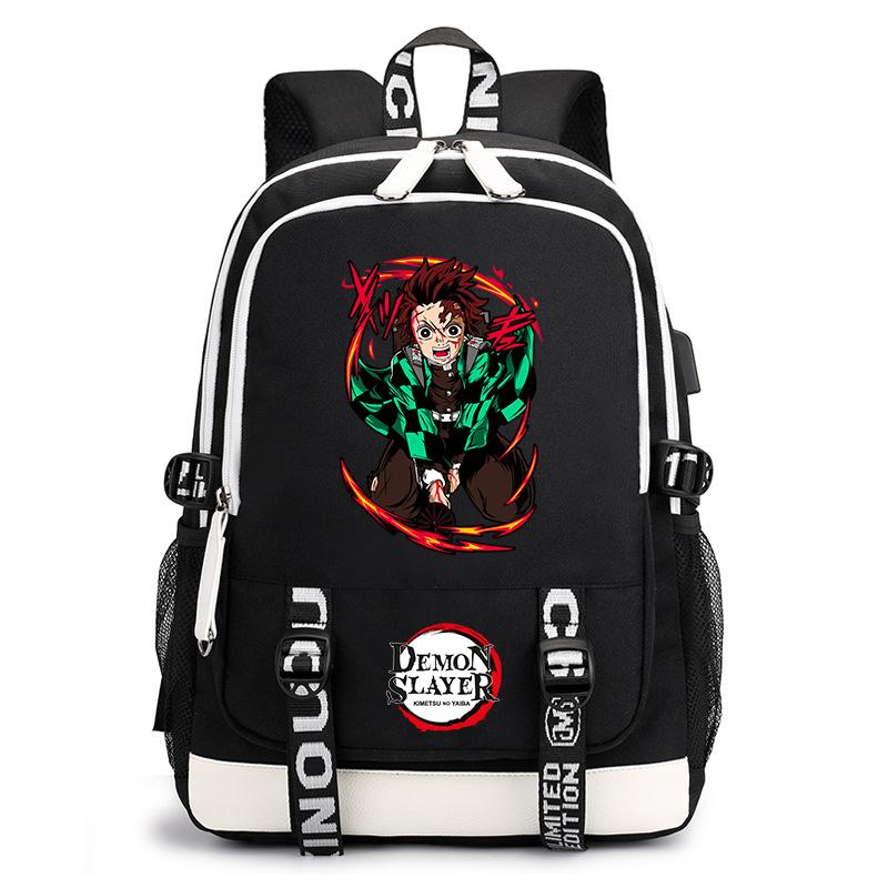 Demon Slayer Anime Print Student Backpack USB Charging Port Lightweight School Bag for Boys Girls