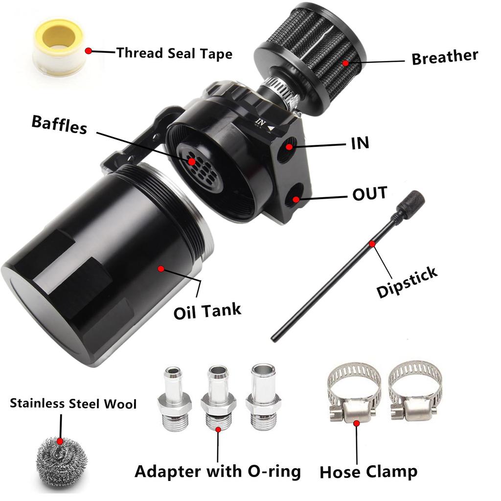 Car Baffled Oil Catch Can Reservoir Tank with Mini Filter Breather Baffled Aluminum Fittings Oil Dipstick Hole Breathable Kettle