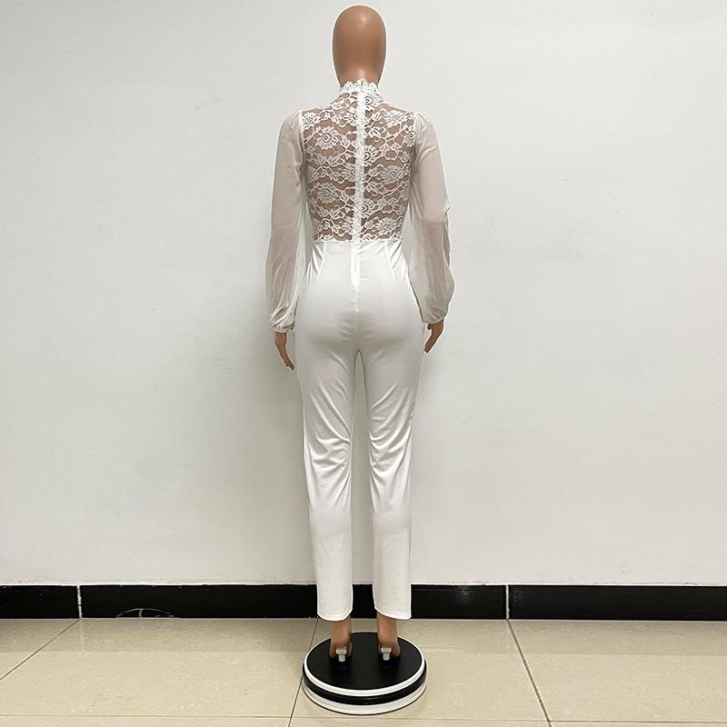 Women's High Collar Lace Lace Fashion Solid Color Chiffon Long Sleeve High Waist Jumpsuit
