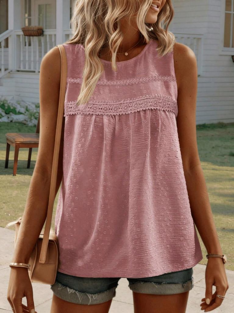 Womens Swiss Dot Sleeveless Tank Top Crew Neck Loose Fit Summer Cami