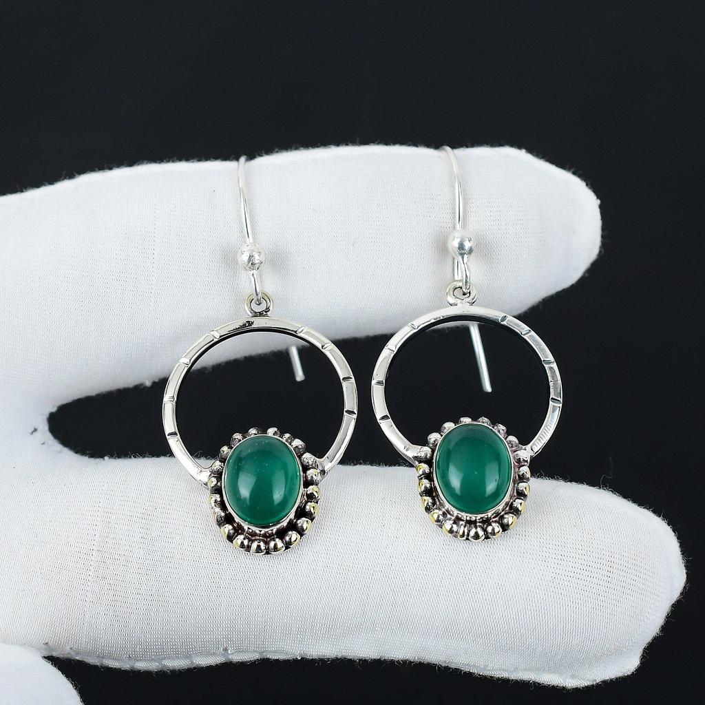 Natürliche grüne Onyx Edelstein Ohrringe, 925 Sterlingsilber Ohrringe, Handgefertigter Boho Silberschmuck Hängeohrringe, Jubiläumsgeschenke