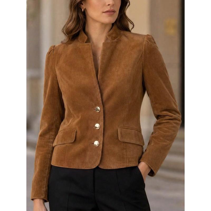 Womens Winter Suede-Like Cropped Tailored Jacket With Stand Collar Three-Button