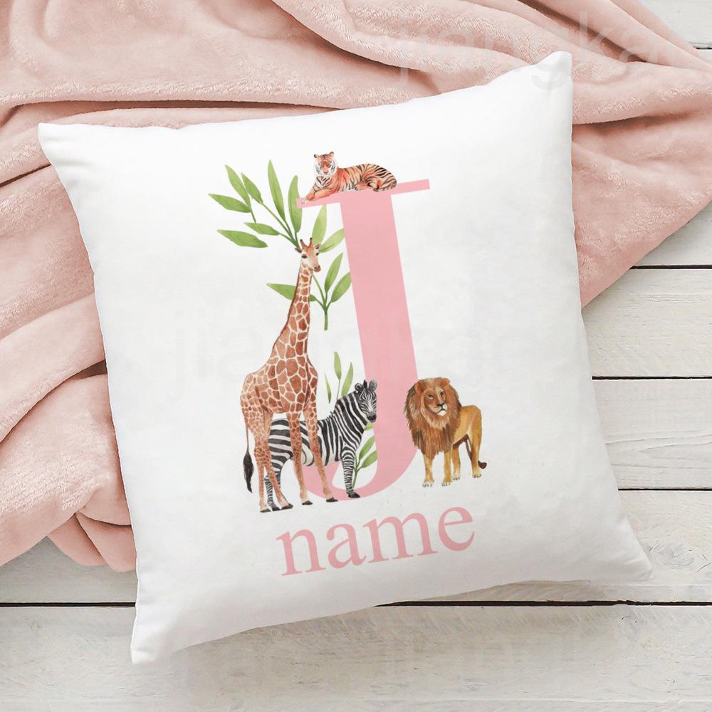 Personalized Pillow Case Initial with Name Safari Animal Pillow Cover Kids Bedroom Wild Party Decor Kids Birthday Shower Gift