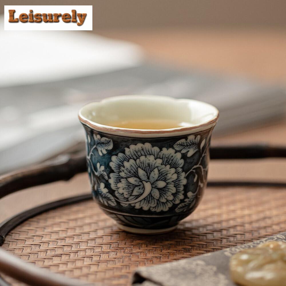 2pc/set Antique Blossoms Flower Ceramic Teacup Ru Kiln Flower Mouth Cup Small Master Cup Tasting Tea Bowl Kung Fu Teaware 40ml