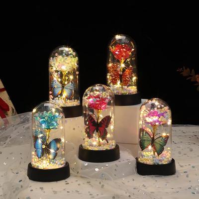 Creative Rose Flower Night Light with Butterfly Decoration - Preserved Flower Ornament Christmas Gift