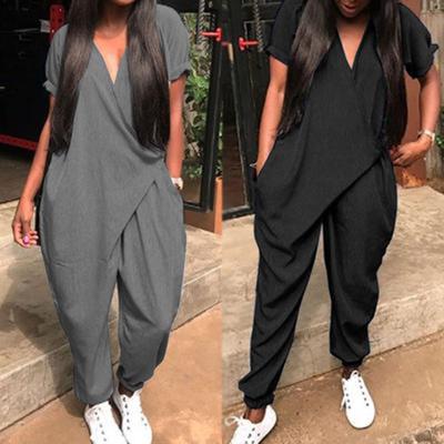 Overall Frauen Kurzarm V-ausschnitt Button-Down Harem Strampler Overalls Pantalon
