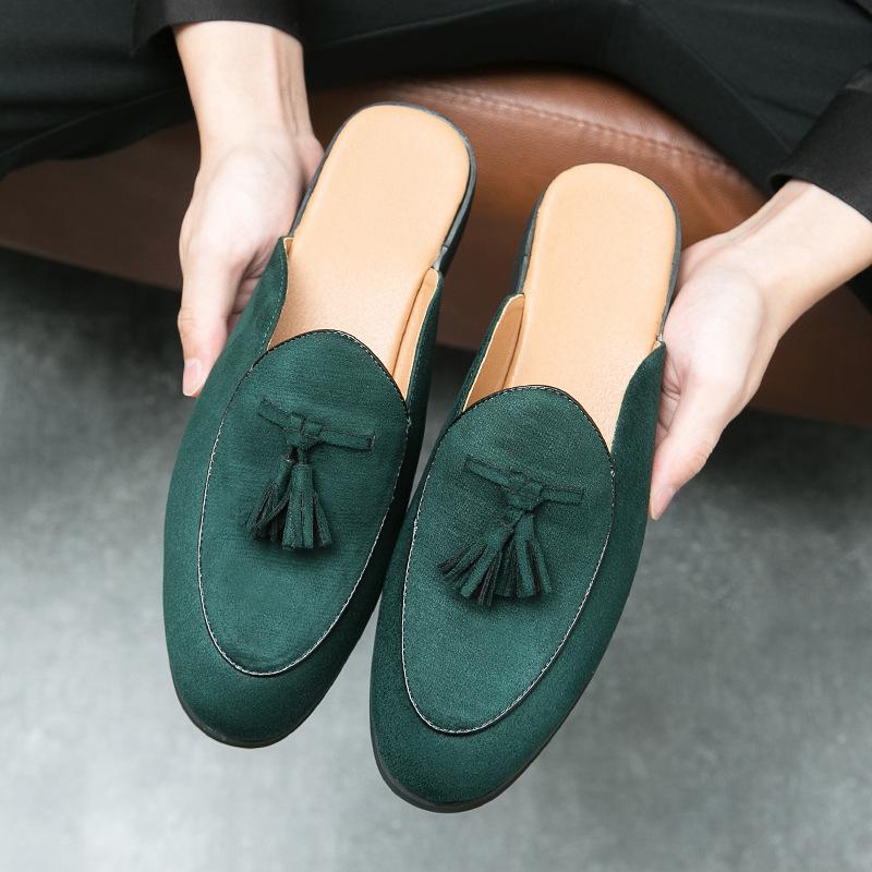 Large Size Spring and Autumn New Half-drag Leather Shoes Fashionable British Style Men's Doudou Shoes Trendy One-pedal Fringed Shoes