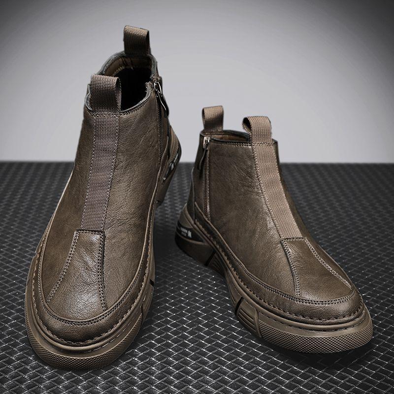Male Casual Boots Thick Sole Platform Brown Round Toe Velvet Men's Leather Chelsea Shoes Classic Original Low Price In Promotion