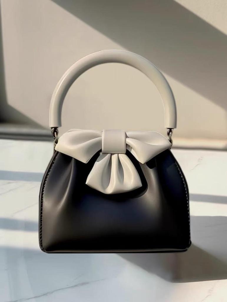 Women's Black Bow Pleated Color Block Handbag - 2025 French Chic
