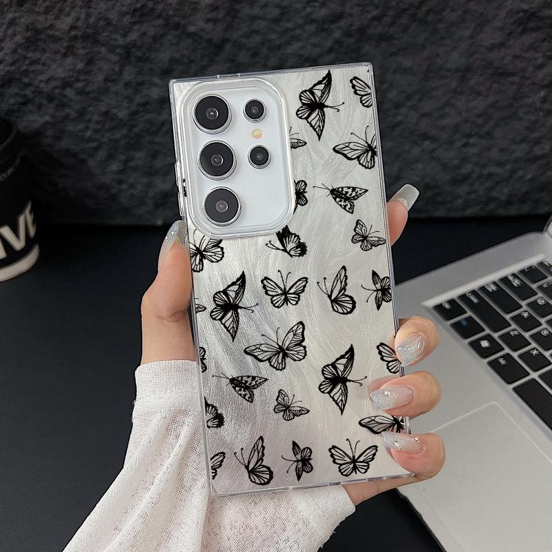 Black Butterfly Print Glitter Glossy Phone Case For Samsung S25 S24 FE S23 Ultra A56 A36 A55 A16 A15 TPU PC Hybrid Shockproof Slim Clear Bumper Cover