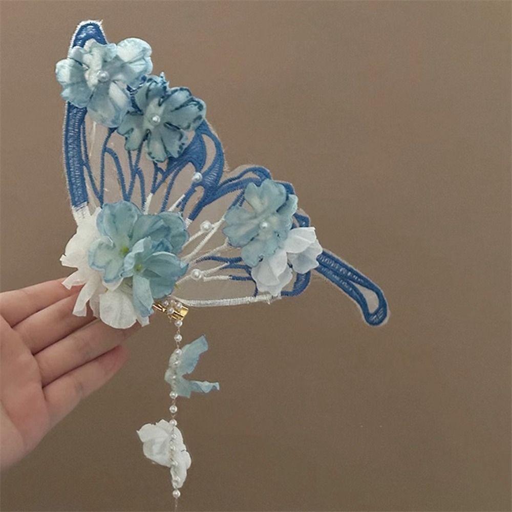 Mesh Tassel Duckbill Clip Imitation Pearl Flower Hair Clip Fairy Large Butterfly Hairpin  Daily