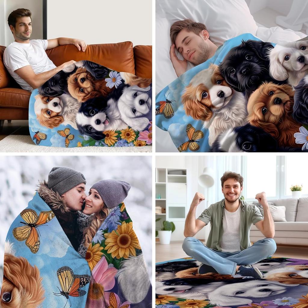 WZOMT Dog Blanket, Cute Floral Puppy Dog Print Throw Blankets Decor, Kawaii Dogs Themed Gifts for Women, Soft Cozy Fuzzy Plush Fleece Flannel