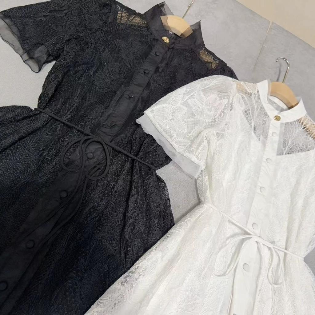 White Lace Dress Muse Fan Fashion Elegant Stand-up Neck Short Sleeve Single-breasted Splicing Advanced Slim-fit Long Dress