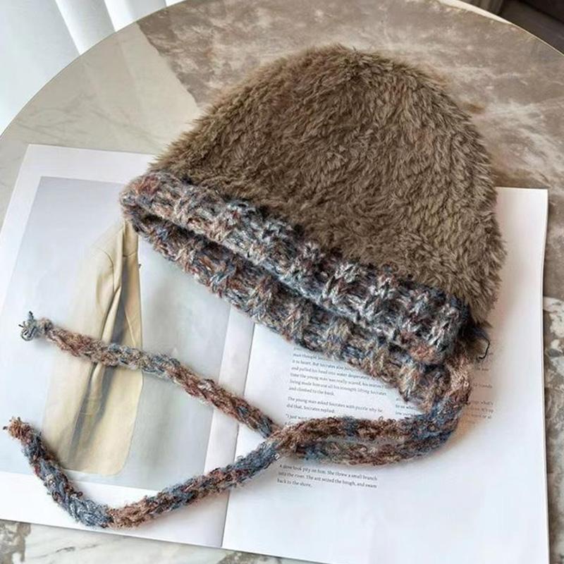For Winter Versatile Windproof Knitted Woolen Hat Thick Velvet for Cycling Warm Ear Protection Colored Rope Plush Hat