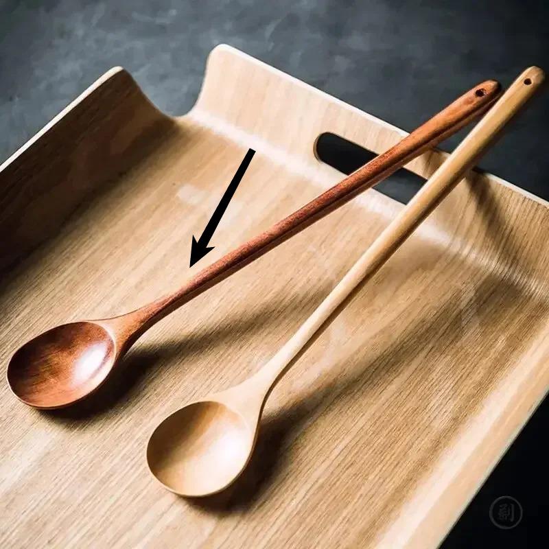 Японская суповая ложка Длинная деревянная перемешивающая ложка Натуральное дерево Посуда для кухни Мед Кофе Перемешивание суповая ложка темно-коричневого