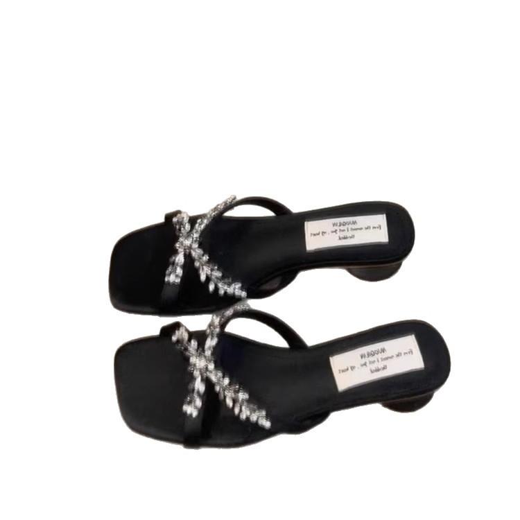 Square head medium heel shoes women's sandals summer new wear cross rhinestone slippers cool slippers