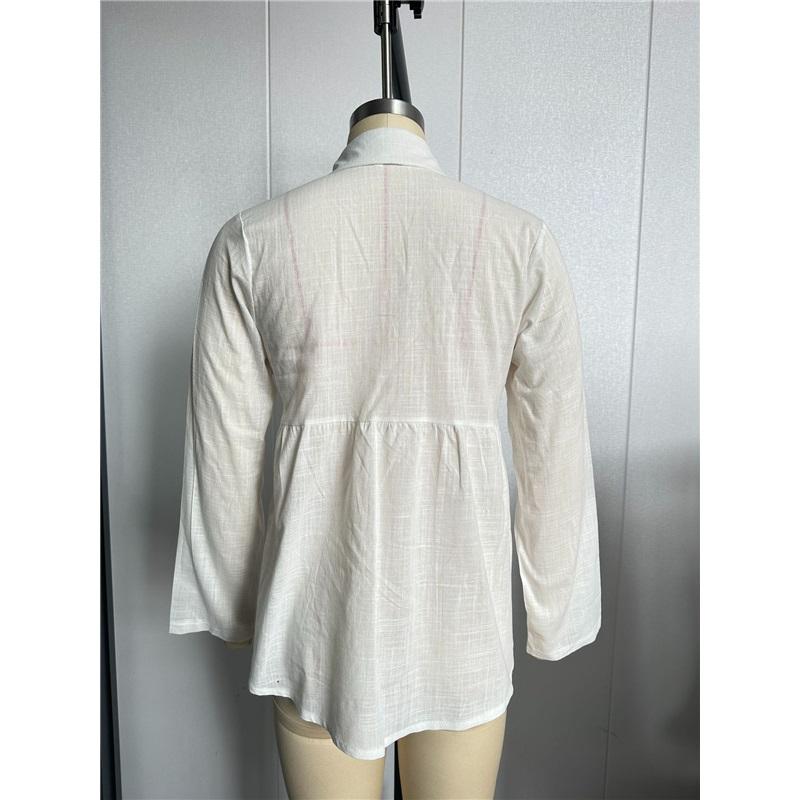 Women Vintage Linen Cotton Blouse Lapel Collar Long Sleeve Button Down Casual Loose Shirt