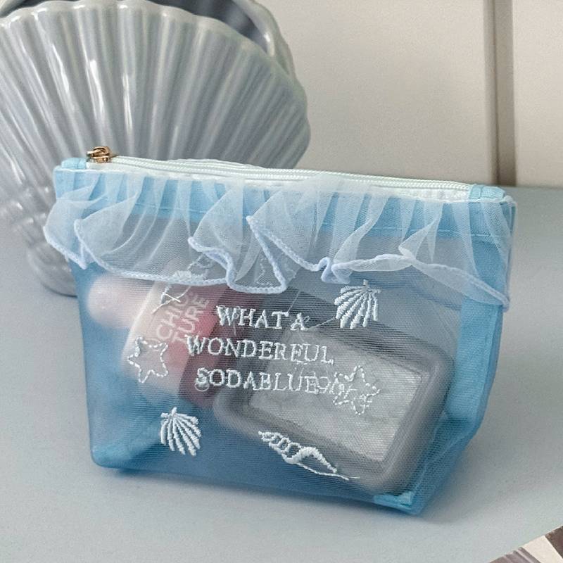 Stylish Ocean Blue Mesh Cosmetic Bag For Girls With Embroidery And Breathable Design