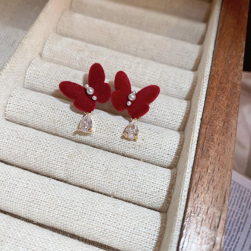Flocking red bow earrings autumn and winter new niche versatile earrings fashionable elegance temperament earrings women
