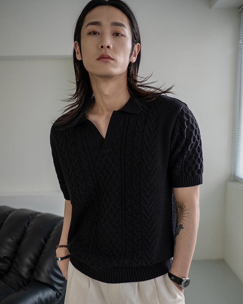 DEVERRMAN Open Collar Fisherman Short Sleeve Knit (Black)