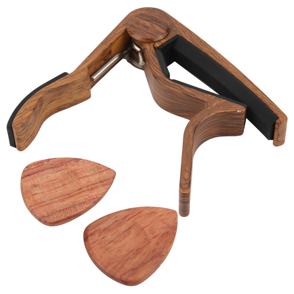 Acoustic Guitar Capo Solid Wood Silica Gel Clamp Ergonomics with 2 Picks for Bass Ukulele Violin
