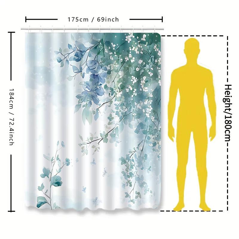 Elegant Blue Floral Shower Curtain With Green Leaves White Blossoms For Bathroom Decor Waterproof Mildew Resistant