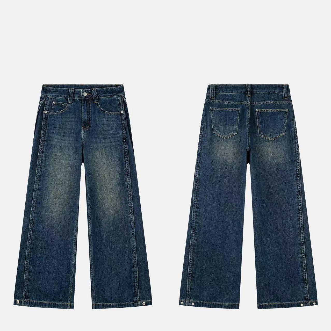 

2025 Autumn Deep Blue Side Stripe High Waist Women s Wide Leg Jeans M (160/68A)