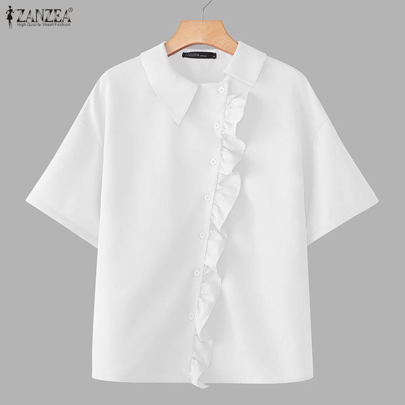 ZANZEA Women Casual Turn Down Collar Short Sleeve Loose Blouse