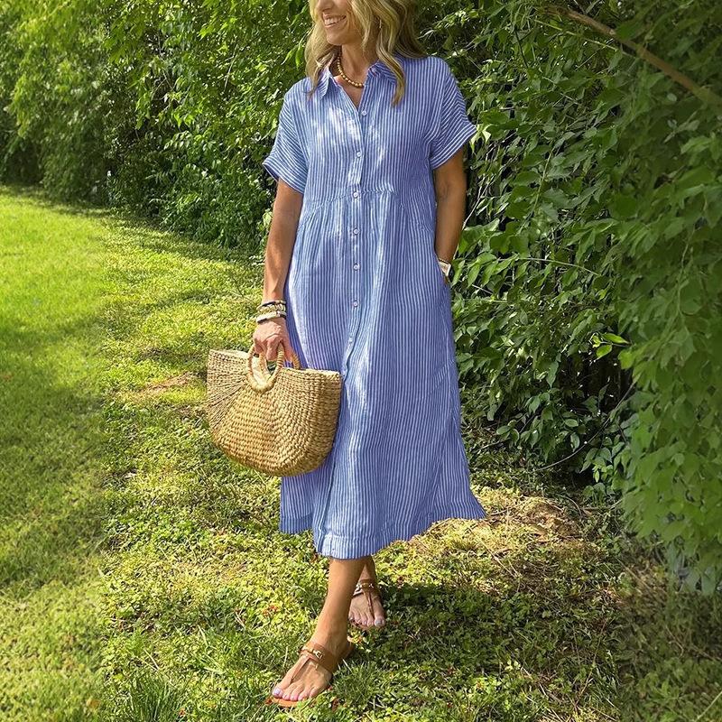Women Striped Shirt Dress Short Sleeve Lapel Casual Midi Dress with Asymmetric Hem