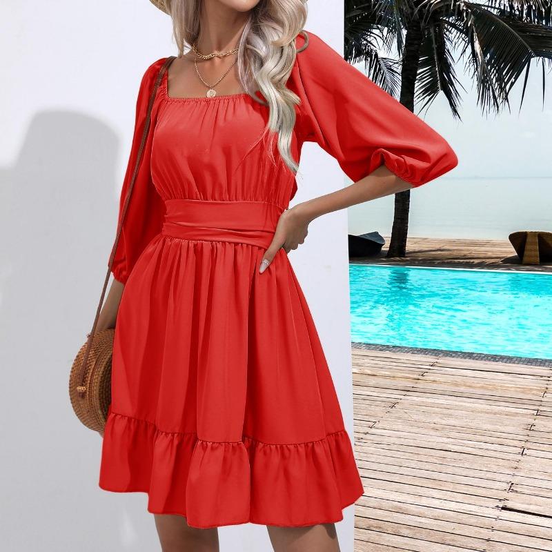 Letní Dámské Šaty Čtvercový límec České volánky Pružný pas nad kolena Minišaty Polorukávy Pulovr Mujer Vestidos