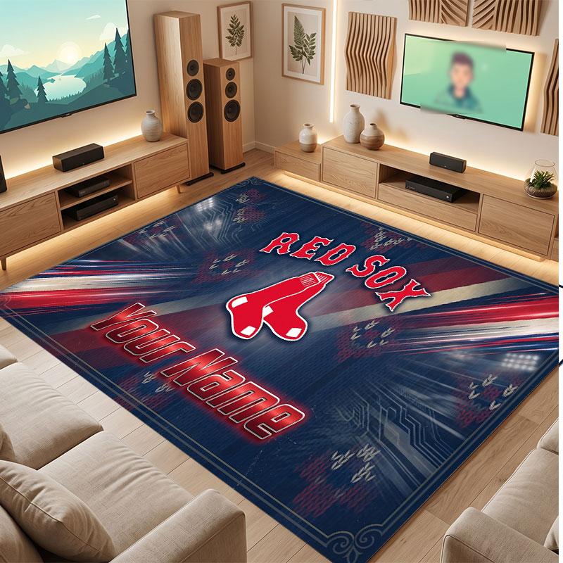 Boston Red Sox Personalized Crystal Velvet Carpet, Customized Name Text Soft Anti‑Slip Rug for Living Room Bedroom