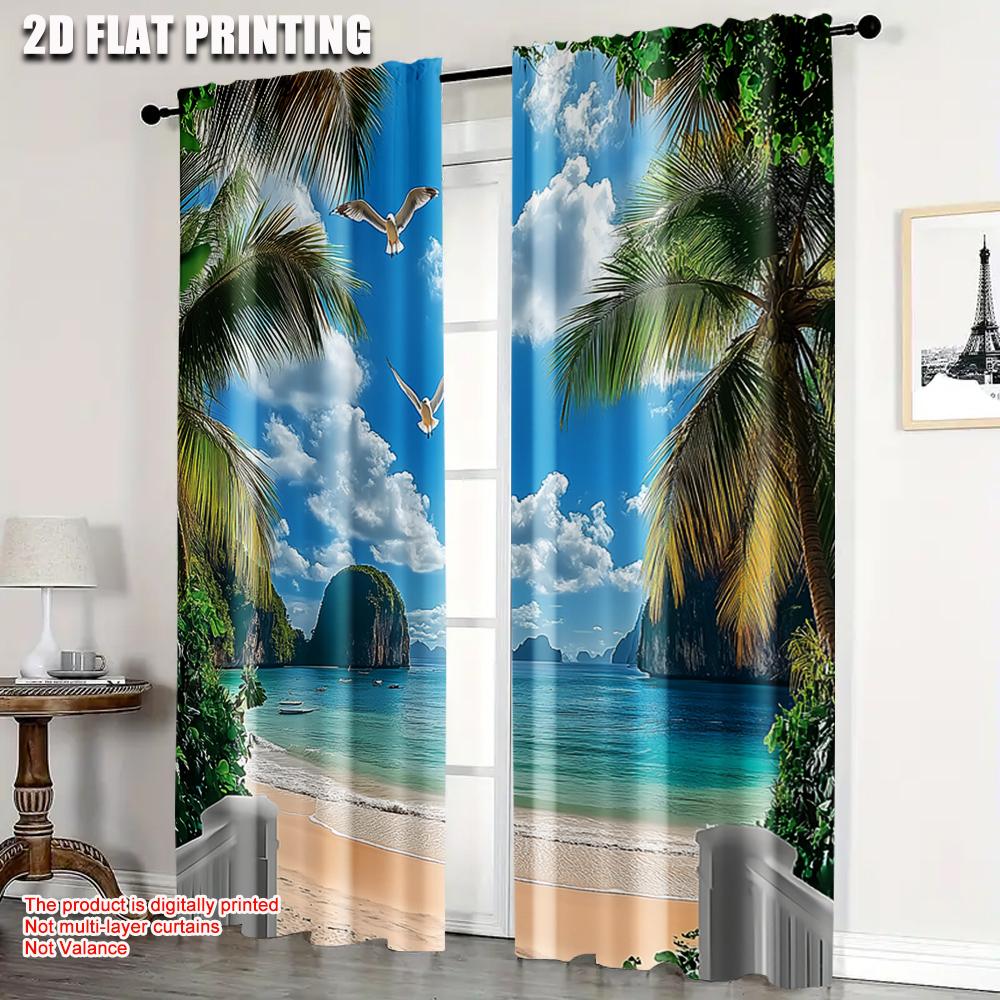 

Set Of 2 Flat Printing Drapes Beach Paradise Scenery Seagulls Palm Versatile Polyester Fabric Without Electricity Party Curtain W100*H70(CM)-Hooks&1PCS