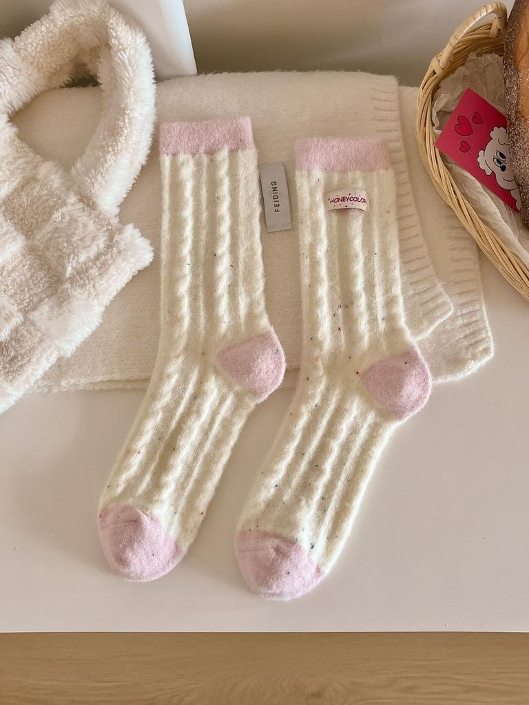 Socks Women's Winter Maillard Color Warm Plush Thickened Plush Striped Medium Tube Socks Home Sleeping Socks