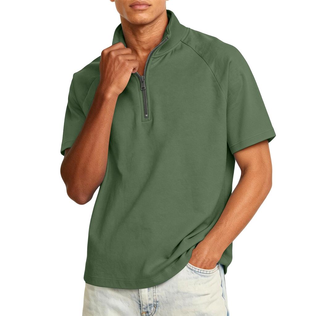 Men's Quarter-length Zipper Stand-collar Casual Short-sleeved Shirt