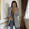 Women Suit Coat Lapel Long Sleeve Open Front Suit Jacket with Pockets Solid Color Slim Fit Office Work Basic Outerwear