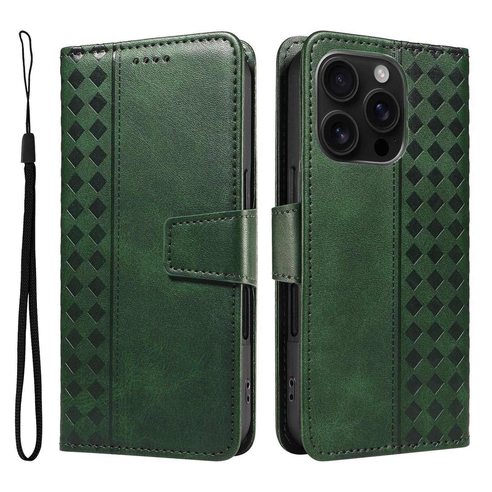 

For iPhone 16 Pro Leather Case Wallet Stand Grids Imprinted Phone Cover with Strap E