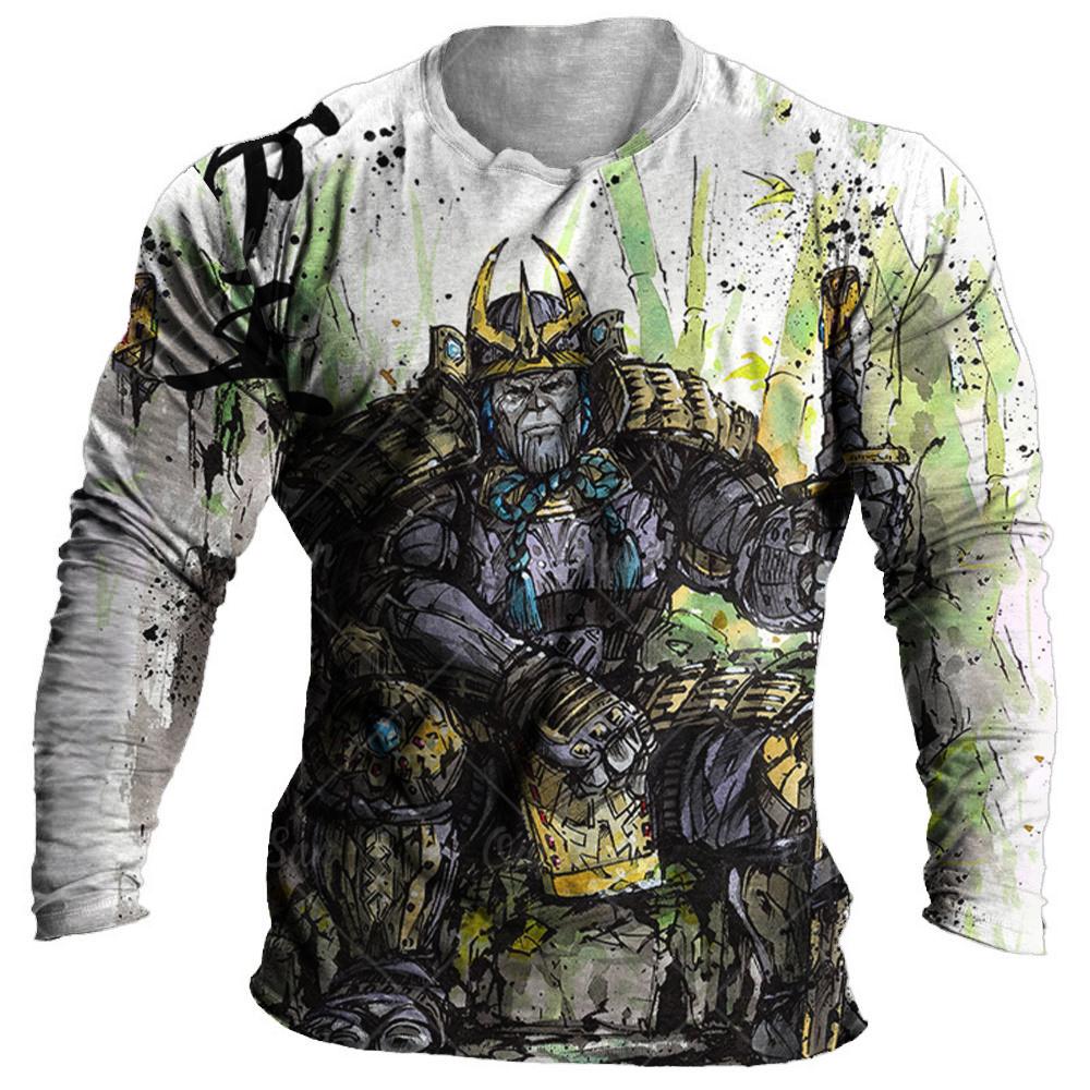 Japanisches Samurai-T-Shirt aus Baumwolle mit 3D-Aufdruck im japanischen Stil, langärmelige Oberteile, lässiges Herren-T-Shirt, übergroße Vintage-Herrenbekleidung