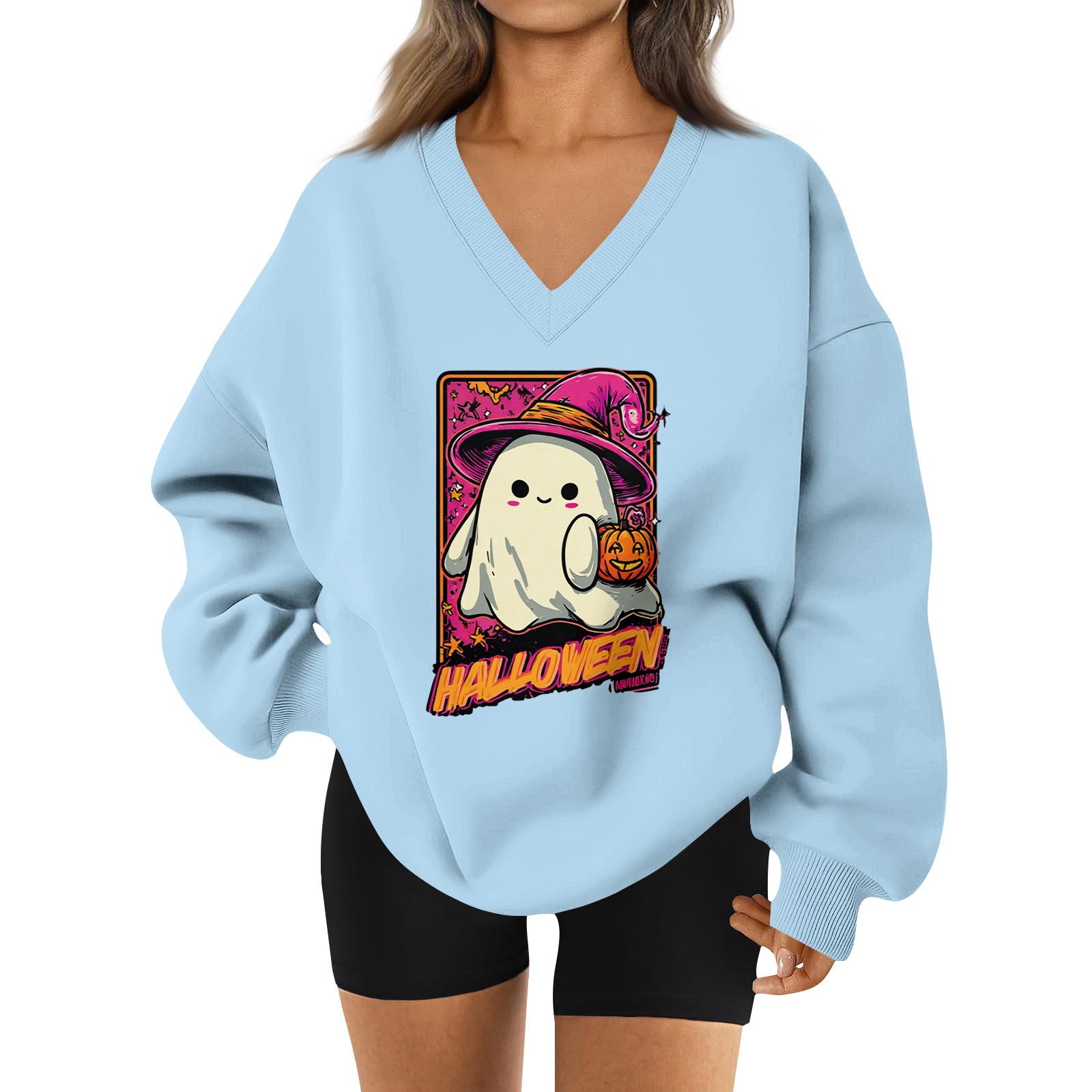 

Женский спортивный свитшот с V-образным вырезом, приспущенным плечом и принтом на Хэллоуин XL