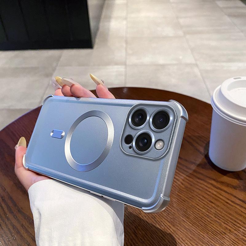 Applicable To IPhone 16 Metal Paint Magnetic Suction Mobile Phone Case Four Corners Anti Fall Apple 15 ProMax Airbag Protective Case 14